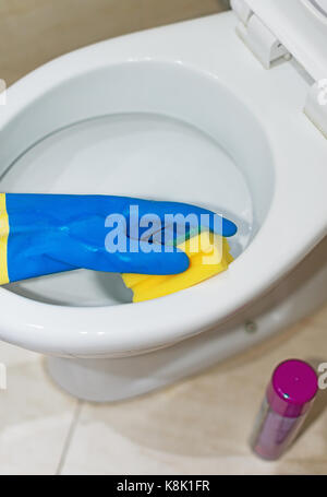 House cleaning. Woman cleaning the toilet in bathroom. Stock Photo