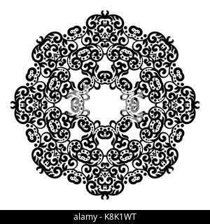 Circle lace ornament, round ornamental geometric doily pattern, black and white isolated mandala. Stock Vector