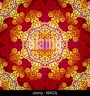 Rich gold seamless pattern in the Indian style. Bohemian background with mandalas. Royal red and gold ornament. Unique template for design or backdrop Stock Vector