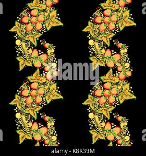 Traditional Russian vector seamless pattern in khokhloma style with flowers and strawberry Stock Vector