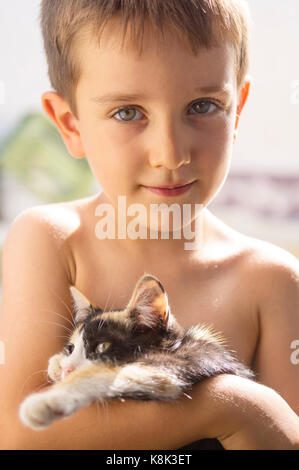Cute little boy posing with a kitten in his hands, backlit of the sun Stock Photo