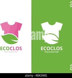 Vector of cloth and leaf logo combination. Shirt and eco symbol or icon. Unique fashion and organic logotype design template. Stock Vector