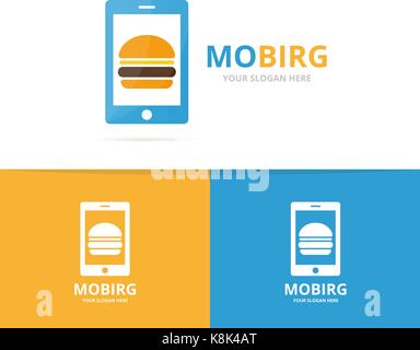 Vector burger and phone logo combination. Hamburger and mobile symbol or icon. Unique fastfood and device logotype design template. Stock Vector