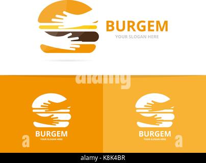 Vector burger and hands logo combination. Hamburger and embrace symbol or icon. Unique fastfood and team, friendship logotype design template. Stock Vector