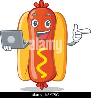 With Laptop Hot Dog Cartoon Character Stock Vector