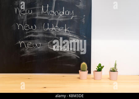Workplace, study room with table and written blackboard, concept to set goals. Stock Photo