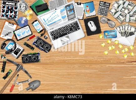 bitcoin mining workplace with object and tools Stock Vector