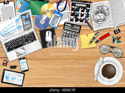 workplace with object and tools on wood table Stock Vector