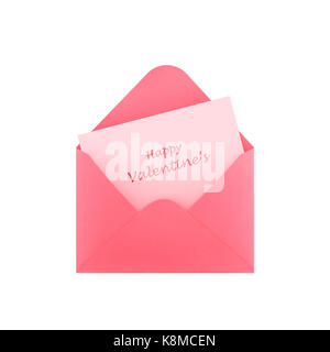 Pink open envelope with valentine's card on white background Stock Photo