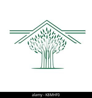 modern tree with roof logo, icon design, isolated on white background. Stock Vector
