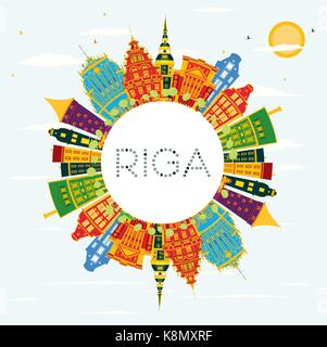 Riga Skyline with Color Buildings, Blue Sky and Copy Space. Vector Illustration. Business Travel and Tourism Concept with Historic Architecture. Stock Vector