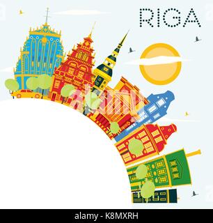 Riga Skyline with Color Buildings, Blue Sky and Copy Space. Vector Illustration. Business Travel and Tourism Concept with Historic Architecture. Stock Vector