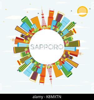 Sapporo Skyline with Color Buildings, Blue Sky and Copy Space. Vector Illustration. Business Travel and Tourism Concept with Modern Architecture. Stock Vector