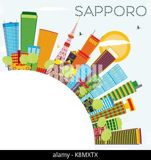 Sapporo Skyline with Color Buildings, Blue Sky and Copy Space. Vector Illustration. Business Travel and Tourism Concept with Modern Architecture. Stock Vector