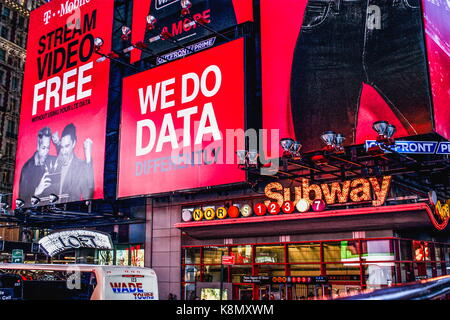 New York, USA - September 2016:  Large Billboards above the Times Square–42nd Street Subway station located 42nd Street, Seventh Stock Photo