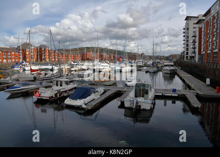 At one end of the Marina looking across towards the Museum and looking at the many morred boats all tied up the quaysides. Stock Photo