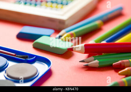 Back to school concept with stationery and school supplies. school back homework education tools wooden stationery concept Stock Photo