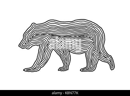 A bear illustration icon in black offset line. Fingerprint style for logo or background design. Stock Vector