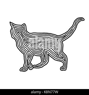 A cat illustration icon in black offset line. Fingerprint style for logo or background design. Stock Vector