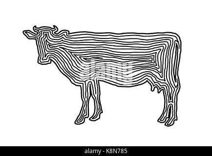 A cow illustration icon in black offset line. Fingerprint style for logo or background design. Stock Vector