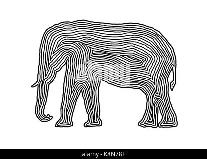 A elephant illustration icon in black offset line. Fingerprint style for logo or background design. Stock Vector