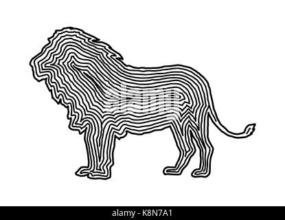 A lion illustration icon in black offset line. Fingerprint style for logo or background design. Stock Vector