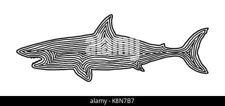 A shark illustration icon in black offset line. Fingerprint style for logo or background design. Stock Vector