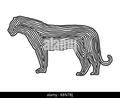 A tiger illustration icon in black offset line. Fingerprint style for logo or background design. Stock Vector