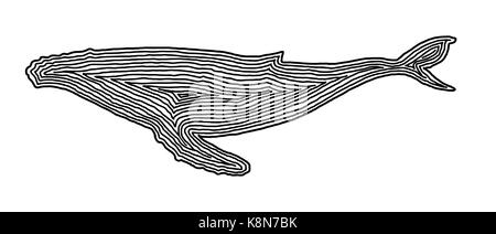 A whale illustration icon in black offset line. Fingerprint style for logo or background design. Stock Vector