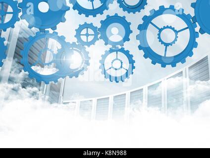 Digital composite of cog gears with servers in background Stock Photo