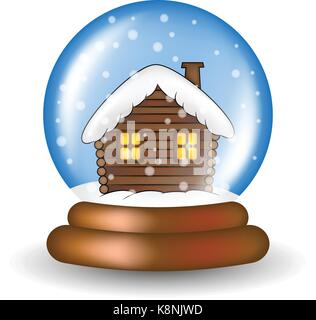 Christmas snowglobe with cabin cartoon design, icon, symbol for card. Winter transparent glass ball with the falling snow.  Vector illustration isolat Stock Vector