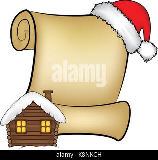 Christmas paper scroll card with santa cap,hat and snowy house. vector illustration isolated on white background. Stock Vector