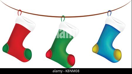 Christmas sock hang on twine, line, rope, icon , symbol, design. Winter vector illustration isolated on white background. Stock Vector