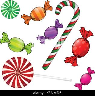 Christmas candy set. Colorful wrapped sweet, lollipop, cane. Vector illustration isolated on a white background. Stock Vector