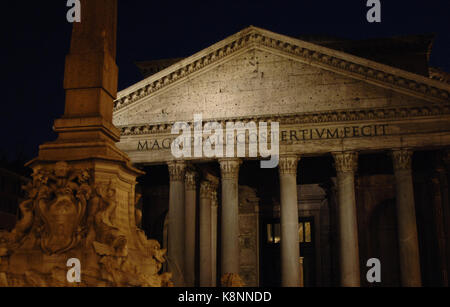 Italy. Rome. The Pantheon, roman temple. Built in 118-128 AD. Night view. Stock Photo