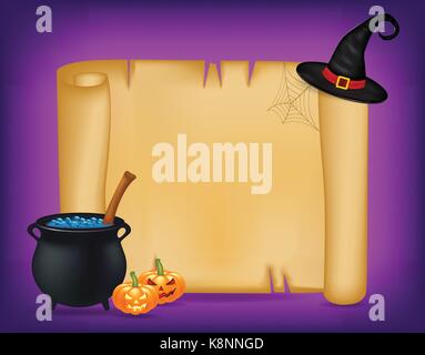Halloween banner, card with empty paper scroll and witches cauldron, blue potion, pumpkin. Blank vector ancient scroll of parchment wallpaper, backgro Stock Vector