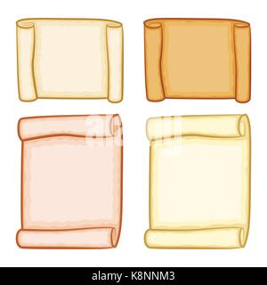 Paper scroll clipart set vector isolated on white background. Empty, blank parchment rolled up scroll, old paper sheet texture. Stock Vector