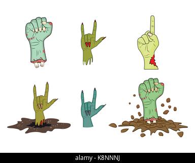 halloween Zombie hand gesture vector set - realistic cartoon isolated illustration. Image of scary monster hand gesture. Picture isolated on white bac Stock Vector