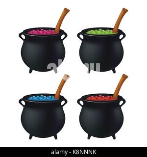 Witch cauldron with colorful potion, bubbling witches brew. Realistic Vector illustration isolated on white background. Stock Vector