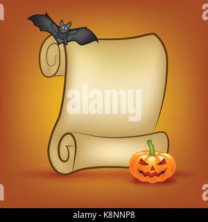 Halloween banner, card with empty paper scroll and pumpkin, bat. Blank ancient scroll of parchment wallpaper, background. Poster or brochure for Hallo Stock Vector