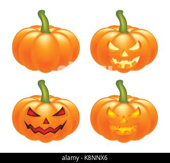 Halloween pumpkin vector set illustration, Jack O Lantern isolated on white background. Scary orange picture with eyes and candle light inside. Stock Vector