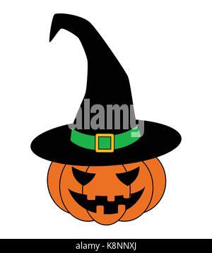 Halloween pumpkin in witches hat vector illustration, Jack O Lantern isolated on white background. Scary orange picture with eyes. Stock Vector