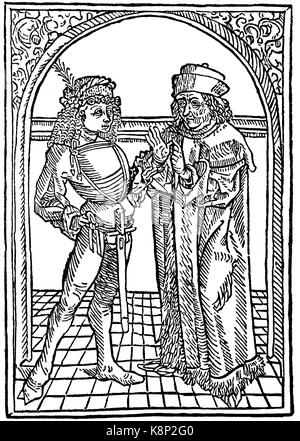 teacher and pupil, Lehrer und Schüler, Holzschnitt aus Robertus de Euromodio, Cato moralissimus, 1497, digital improved reproduction of a woodcut, published in the 19th century Stock Photo