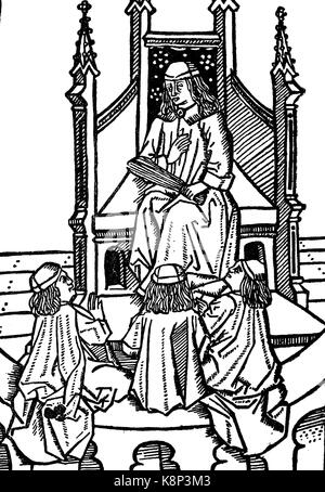 teacher with 3 pupils, Lehrer mit drei Schülern, Holzschnitt aus Opusculum quintupartitum grammaticale, 1446, digital improved reproduction of a woodcut, published in the 19th century Stock Photo