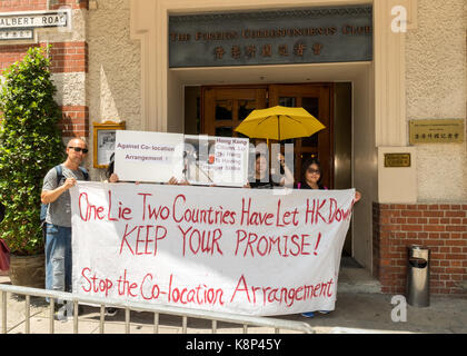 HONG KONG SAR,CHINA.19th September 2017. Protesters on the street outside the FCC.The Rt. Hon. Lord Patten of Barnes CH, former Governor of Hong Kong, Stock Photo