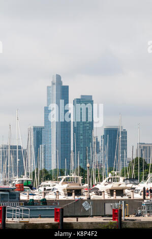 View of skyscrapers across DuSable Harbor from the Chicago River Stock Photo