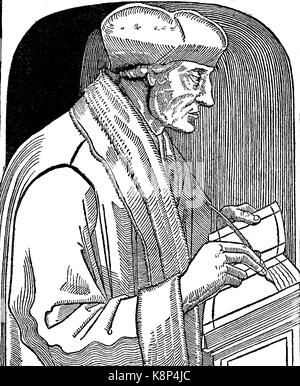Desiderius Erasmus Roterodamus, known as Erasmus or Erasmus of Rotterdam, a Dutch Renaissance humanist, Catholic priest, social critic, teacher, and theologian, Bildnis des Erasmus, 1467 - 1536, digital improved reproduction of a woodcut, published in the 19th century Stock Photo