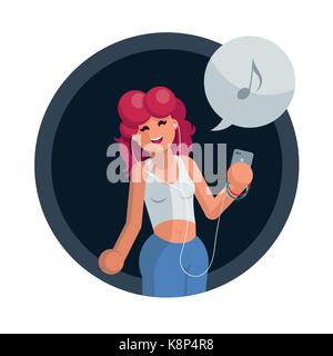 Beautiful red hair young woman listening to music with smartphone earbuds and singing a song. Vector flat illustration. Stock Vector