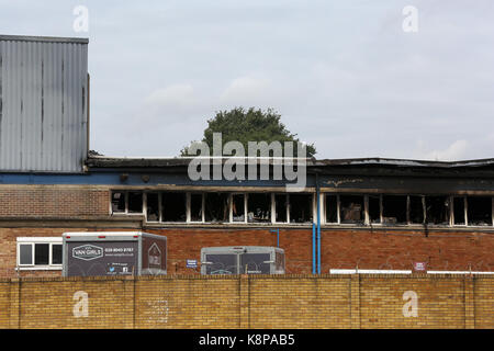 Tottenham. North London, UK. 20th Sep, 2017. Aftermath of the fire that destroyed large parts of an industrial estate in Tottenham, North London. Twenty fire engines and 140 firefighters tackled the blaze at White Hart Lane on Monday (18 September 2017) evening. Several business, including a large self storage unit, are believed to have been destroyed. Credit: Dinendra Haria/Alamy Live News Stock Photo