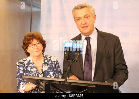 UN, New York, USA. 20th Sep, 2017. UN Refugees chief Filippo Grandi and Louise Arbour, UN Special Representative for International Migration, spoke to press. Credit: Matthew Russell Lee/Alamy Live News